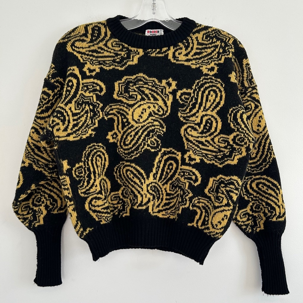 RODIER PARIS Vintage Wool Blend Damask Floral Gold Black Cropped Sweater Size M